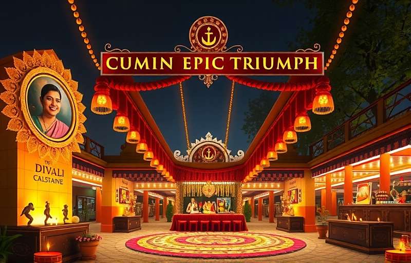 Cumin Epic Triumph - Diwali Festival Event Cumin Epic Triumph Diwali event showing a marketplace decorated with diyas and rangoli